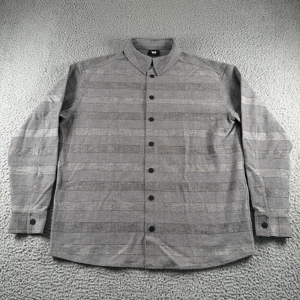 PXG Shirt Mens S Gray Plaid Stretch Twill Flannel Snap Button Golf Made USA